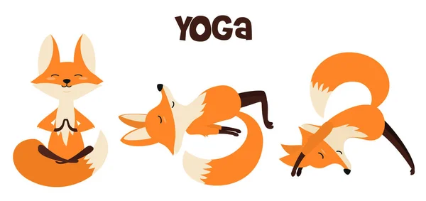 Set Med Snygga Tecknade Rävar Olika Poser Yoga Vektor Illustrationer — Stock vektor