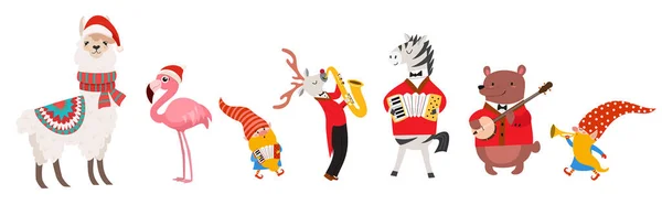 Conjunto de animales de dibujos animados festivos y gnomos aislados sobre fondo blanco. Las ilustraciones vectoriales se pueden utilizar como elementos para tarjetas, carteles, postales . — Vector de stock