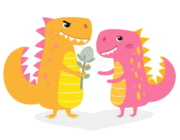 Día de San Valentín. Divertida ilustración con dinosaurios enamorados. Diseño de personajes en estilo de dibujos animados para tarjetas o imprimir . — Archivo Imágenes Vectoriales