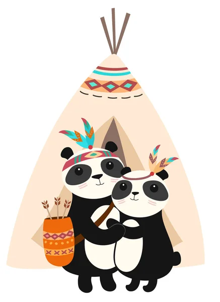 Día de San Valentín. Divertida ilustración con pandas enamorados. Diseño de personajes nativos americanos de dibujos animados con plumas para tarjetas de felicitación o imprimir . — Vector de stock