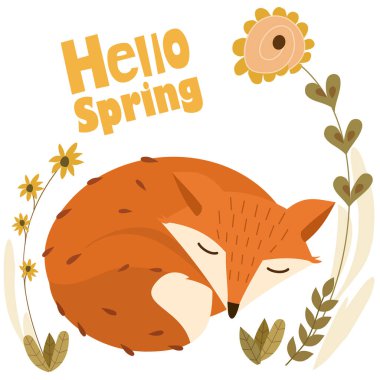 Tilki ve çiçeklerle bahar vektör illüstrasyonu. Kartlar ve diğer kullanım alanları için güzel şablon.