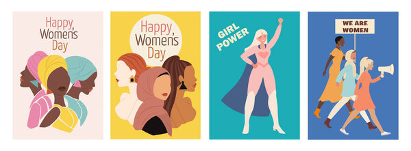 Collection of spring cards. International Women's Day. Vector illustration with women of different nationalities and cultures. The struggle for freedom, independence, equality. 