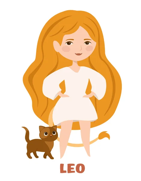 Słodka Dziewczyna Kotem Koncepcja Znaku Zodiaku Leo Dla Horoskopu Piękny — Wektor stockowy