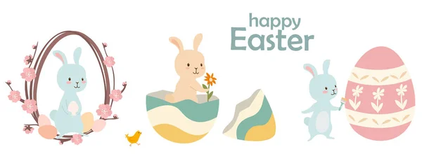 Happy Easter Illustrations Collection Funny Easter Bunnies Vector Template Banner — Stock Vector