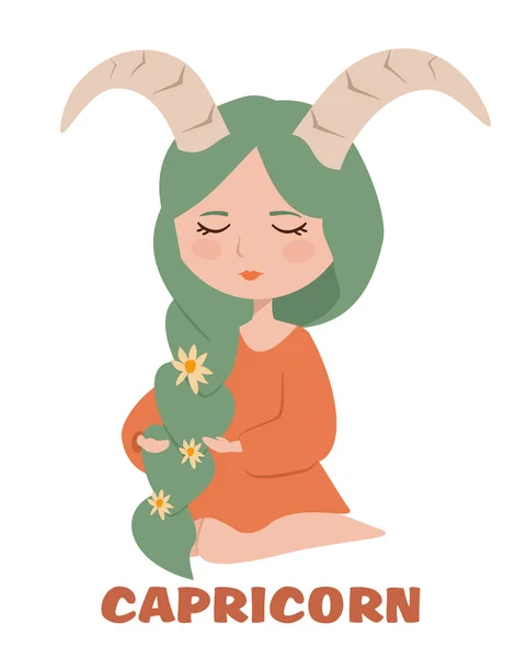 Cute Girl Isolated White Background Capricorn Zodiac Sign Concept Horoscope — Stock Vector