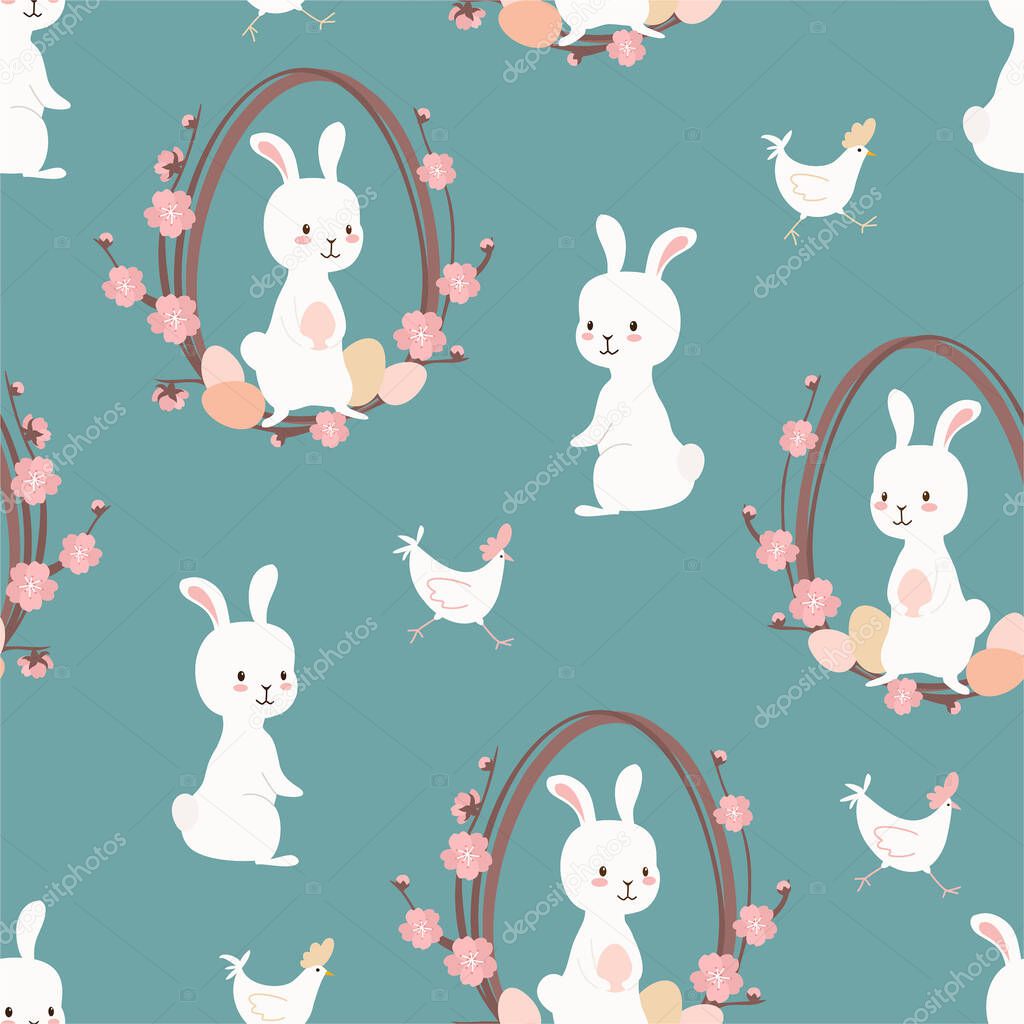 Easter pattern. Vector seamless texture with easter eggs, bunnies and chicken.