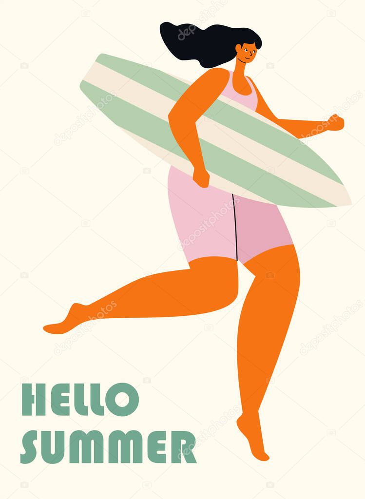 Stylish vector template with a surfer young woman. Girl power illustration.