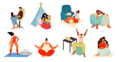 Gençler, erkekler ve kadınlar evde çalışıyor. Karantinadaki insanlar. Vektör düz biçim illüstrasyonu.