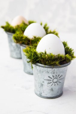 Üç yumurta demir bardak çapraz üzerinde bir yosun ile stand