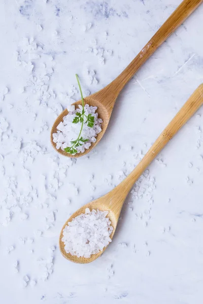 Dos cucharas de madera con sal — Foto de Stock