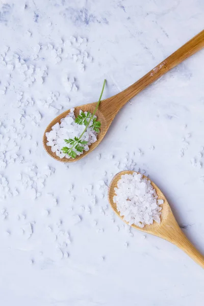 Dos cucharas de madera con sal — Foto de Stock