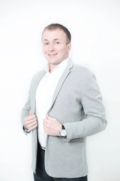 Portrait of smiling man with hands against on white background — Stock Photo, Image