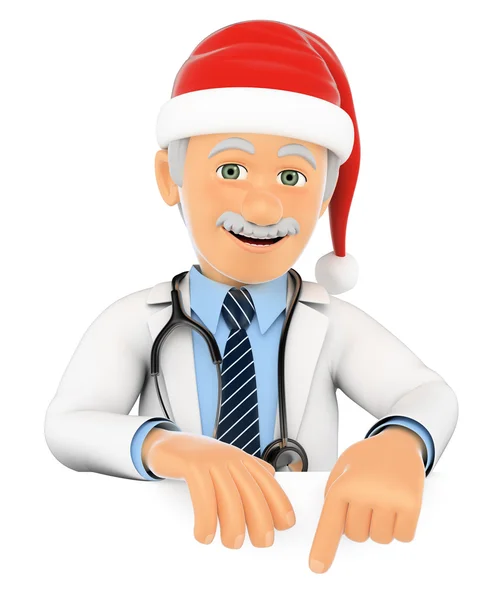 3D läkare pekar nedåt med en jultomten hatt. Tomt utrymme — Stockfoto