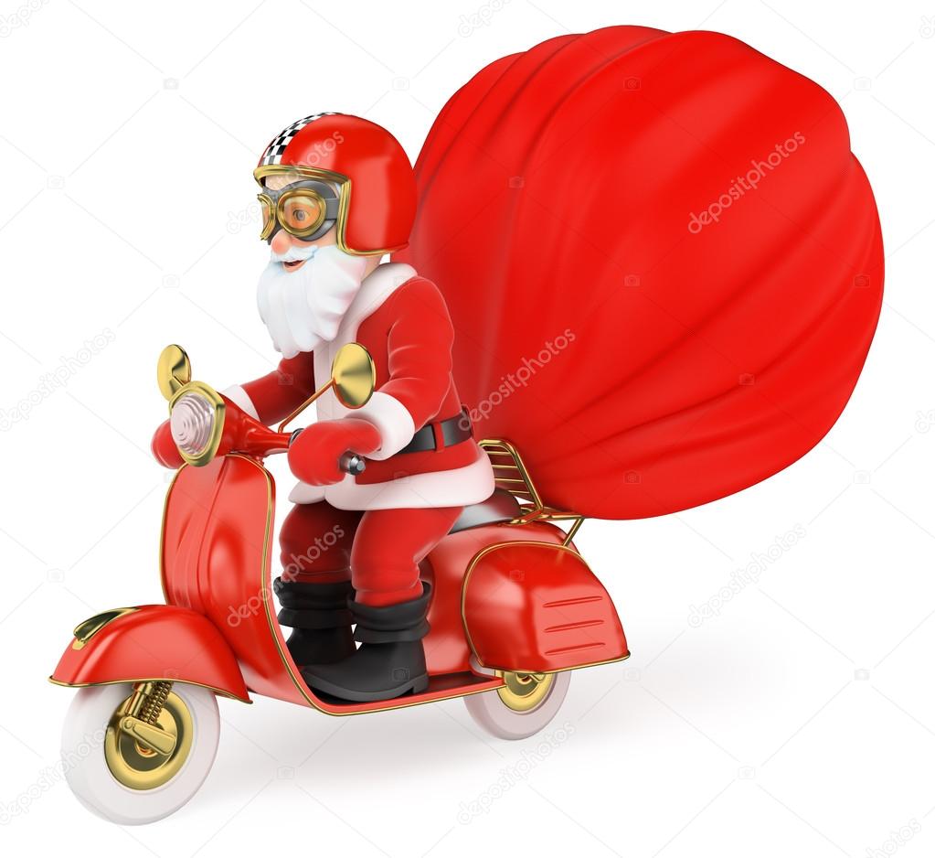 3D Santa Claus delivering gifts by motorcycle