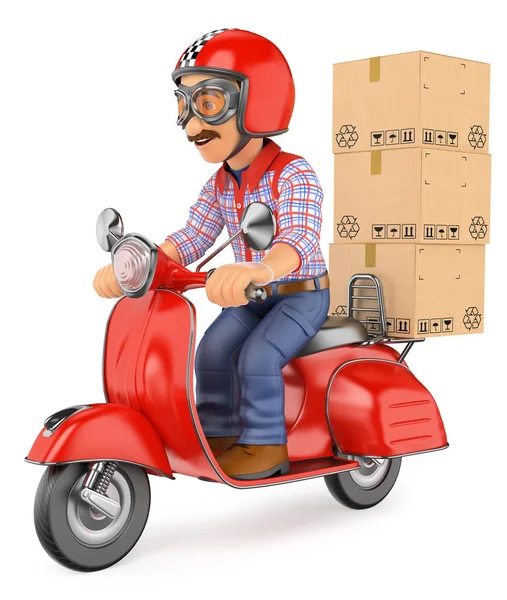 3D courier leverans man leverera ett paket av scooter motorc — Stockfoto