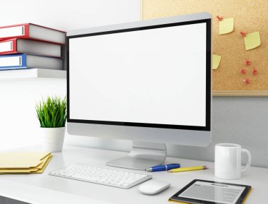 3D office ile boş bilgisayar perde. Mockup