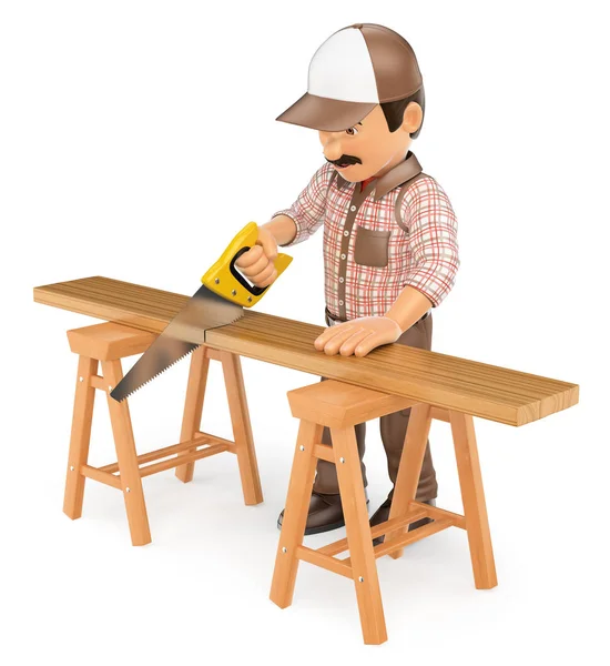 3d 木匠用锯子切割木板 — 图库照片