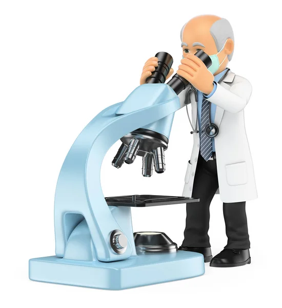 3D-Arzt schaut durch ein Mikroskop. Ermittler — Stockfoto