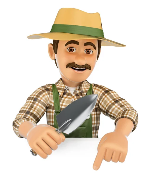 3D Gardener pointing down. Blank space — Stock Photo, Image