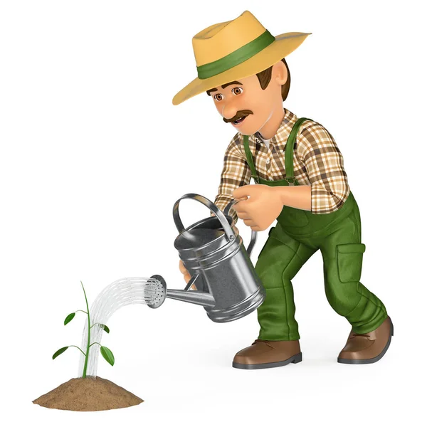 3D Gardener watering a small plant. Growth concept — Stock Photo, Image