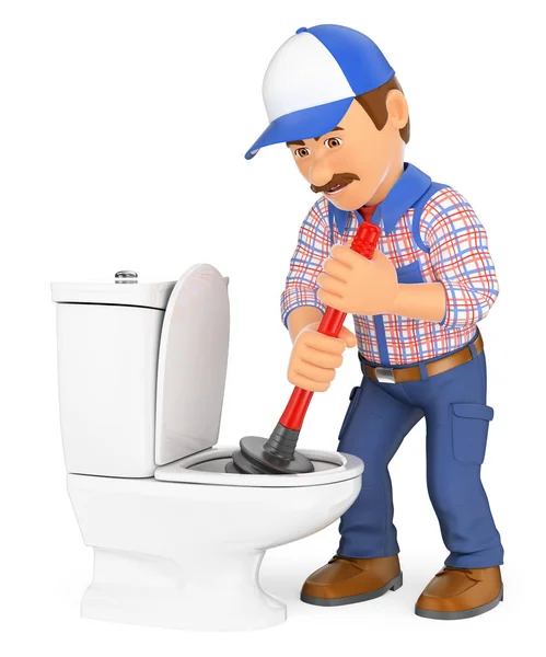 3D Plumber unclogging a toilet with a plunger — Stock Photo, Image