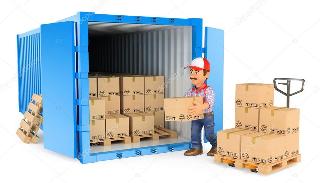 3D Worker loading or unloading a container