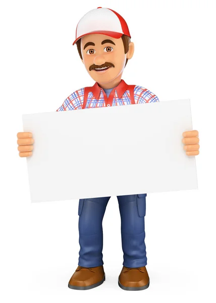 3d ev erkeği işçi boş bir poster ile ayakta — Stok fotoğraf