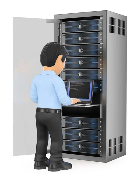 3D Information technology technician working in rack network ser — Stock Photo, Image