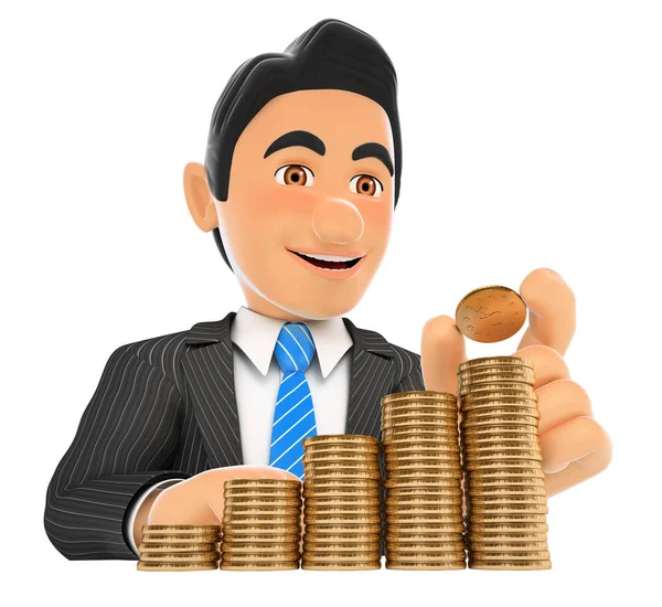 3D Businessman putting a coin in money staircase. Capital growth — Stock Photo, Image