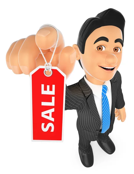 3D zakenman tonen een tag met de word-verkoop — Stockfoto