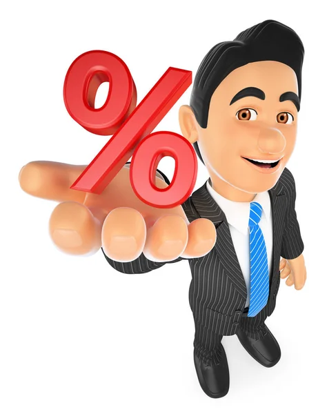 3D-zakenman in procentsymbool tonen. Verkoop concept — Stockfoto