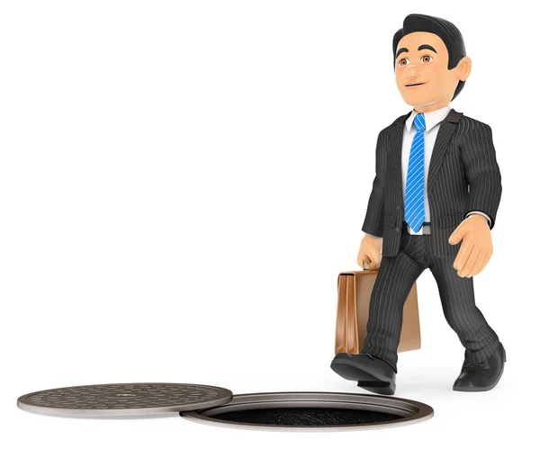 3D Businessman about to fall by an open sewer. occupational risk — Stock Photo, Image