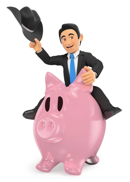 3D Cowboy businessman riding a piggy bank — Stock Photo, Image