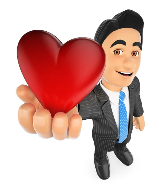 3D podnikatel s velkým červeným srdcem — Stock fotografie