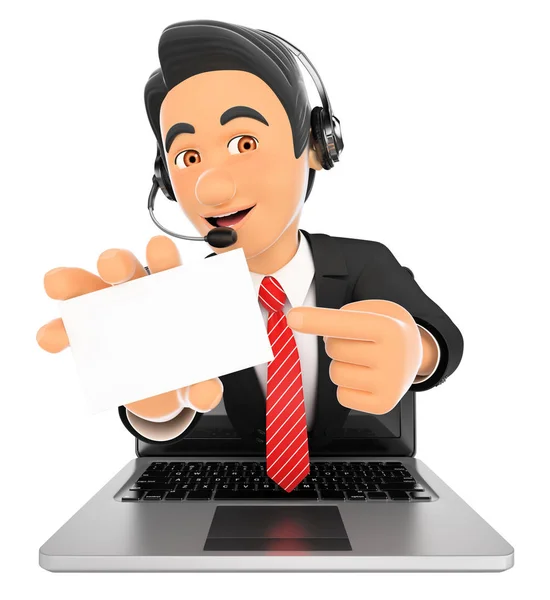 3D Call center employee coming out a laptop screen with a blank — Stock Photo, Image