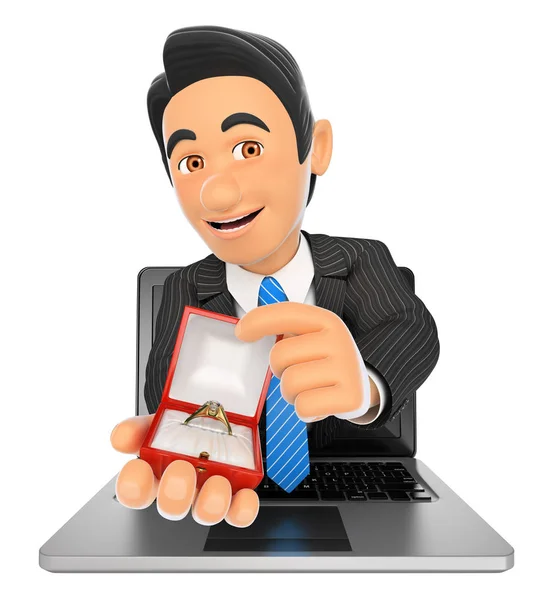 3D Businessman coming out a laptop screen with an engagement rin — Stock Photo, Image