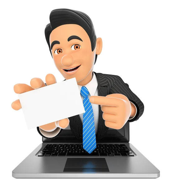3D бізнесмен виходить на екран ноутбука з порожньою карткою — стокове фото
