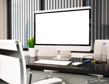 3D Modern ofis ile boş bilgisayar perde. Mockup