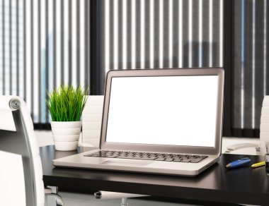 3D Modern ofis boş dizüstü ekran ile. Mockup