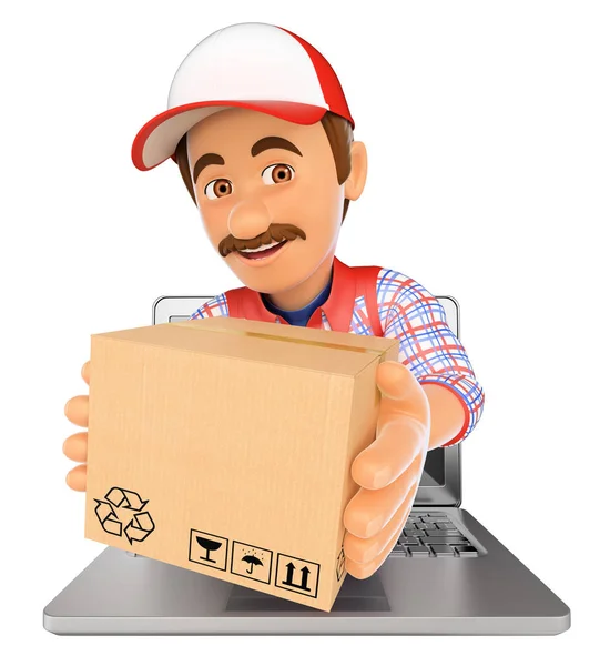 3D-delivery man komt uit het scherm van een laptop met een pakket — Stockfoto