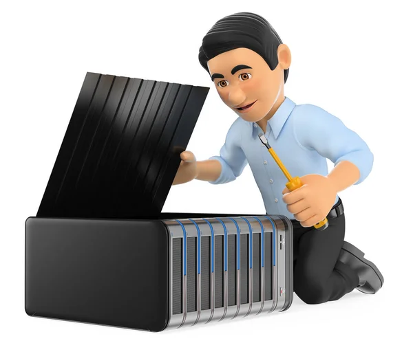 3D Information technology technician repairing a server — Stock Photo, Image