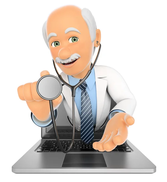 3D Doctor coming out a laptop screen with a stethoscope — Stock Photo, Image