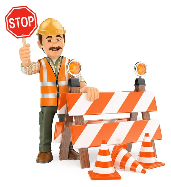 3D Worker with stop sign. Under construction — Stock Photo, Image