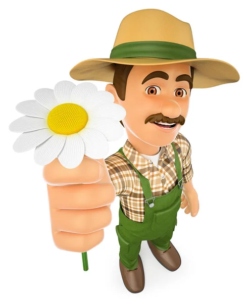 3D Gardener with a daisy. Spring — Stock Photo, Image