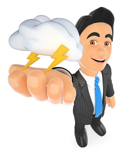 3D Weather man with cloud and lightning. Thunderstorm day — Stock Photo, Image