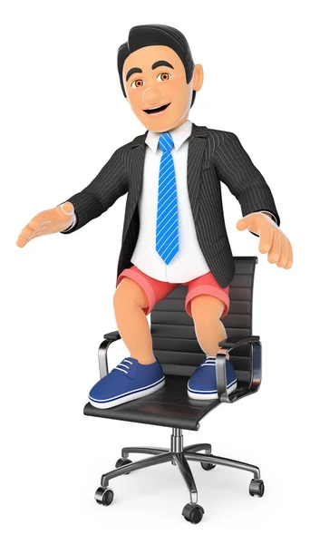 3D biznesmen w krótkich spodenkach na jego krzesło biurowe. Koncepcja wakacje — Zdjęcie stockowe