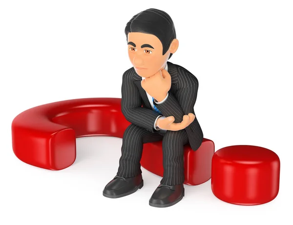 3D Uomo d'affari premuroso seduto su un punto interrogativo — Foto Stock