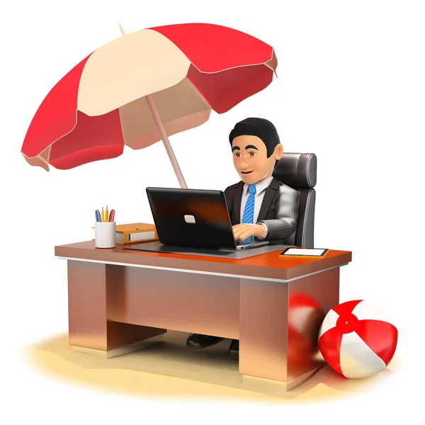 3D Businessman working in his office on the beach — Stock Photo, Image