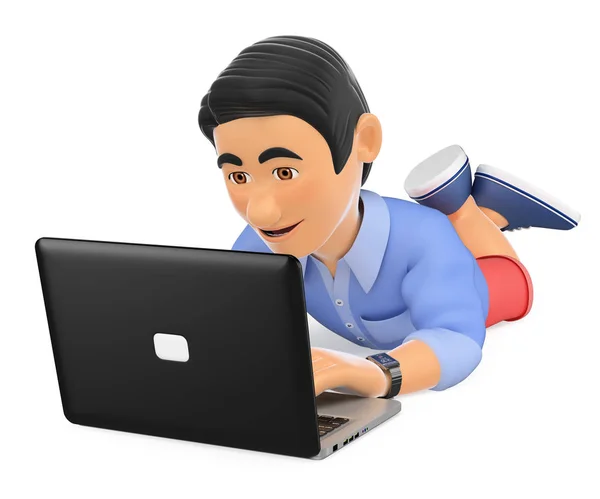 3d junger Mann in kurzen Hosen liegend mit einem Laptop — Stockfoto
