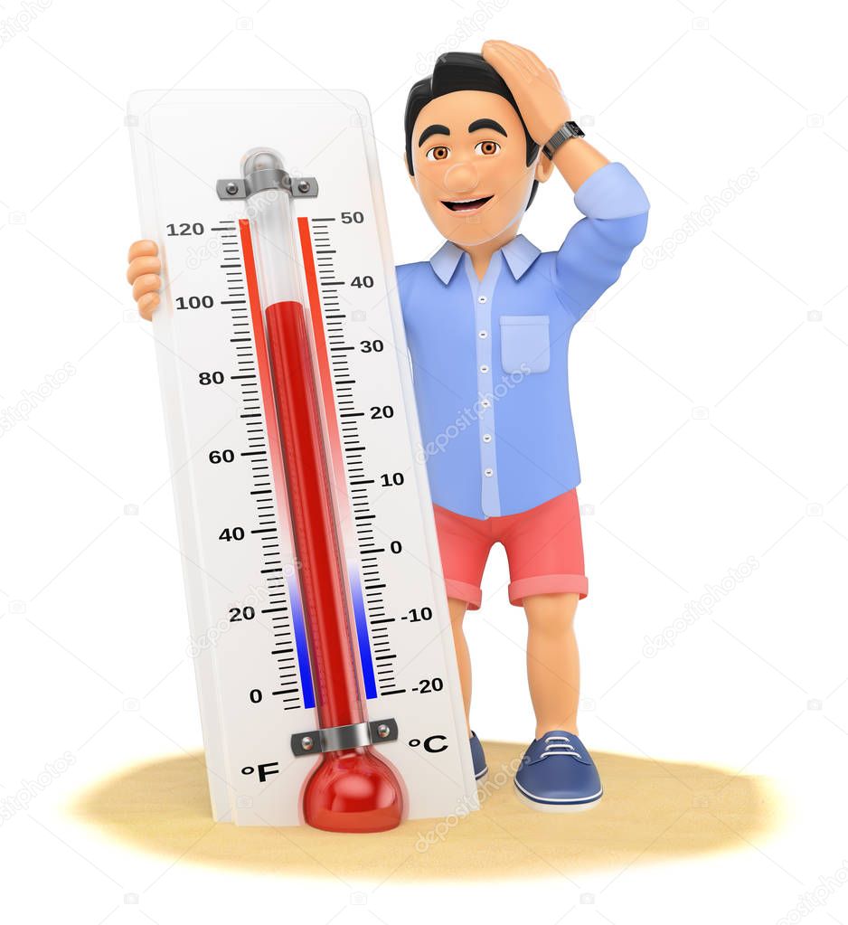 3D Young man in shorts with hot thermometer on the beach